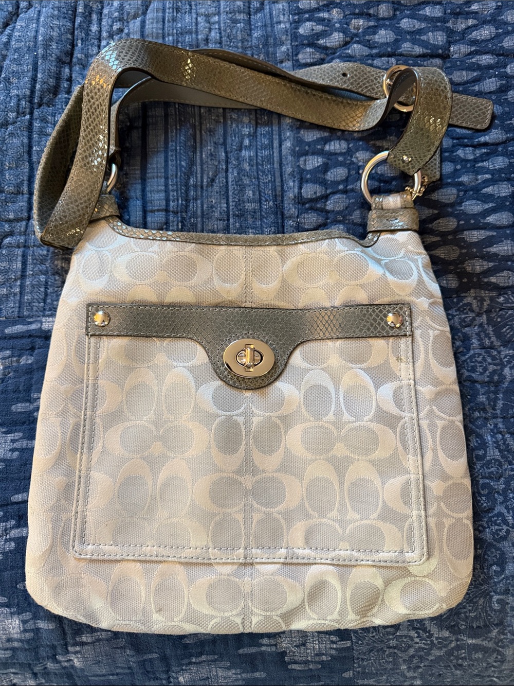 Coach Light Gray Signature Canvas Shoulder Bag with Metallic Trim